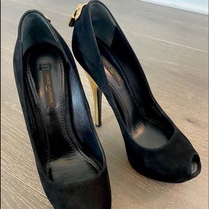Louis Vuitton black suede heel with gold heel & clasps